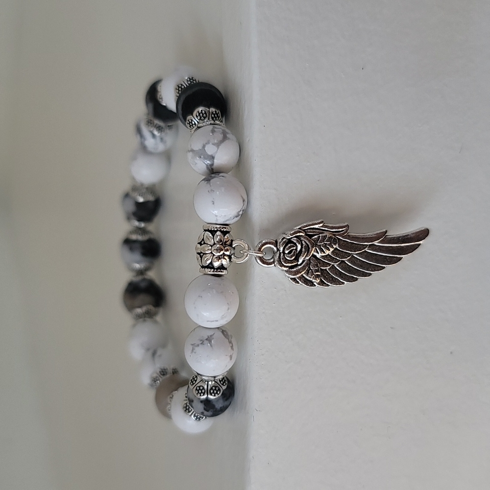 Zebra Stone & White Howlite Angel Wing Charm Bracelet
